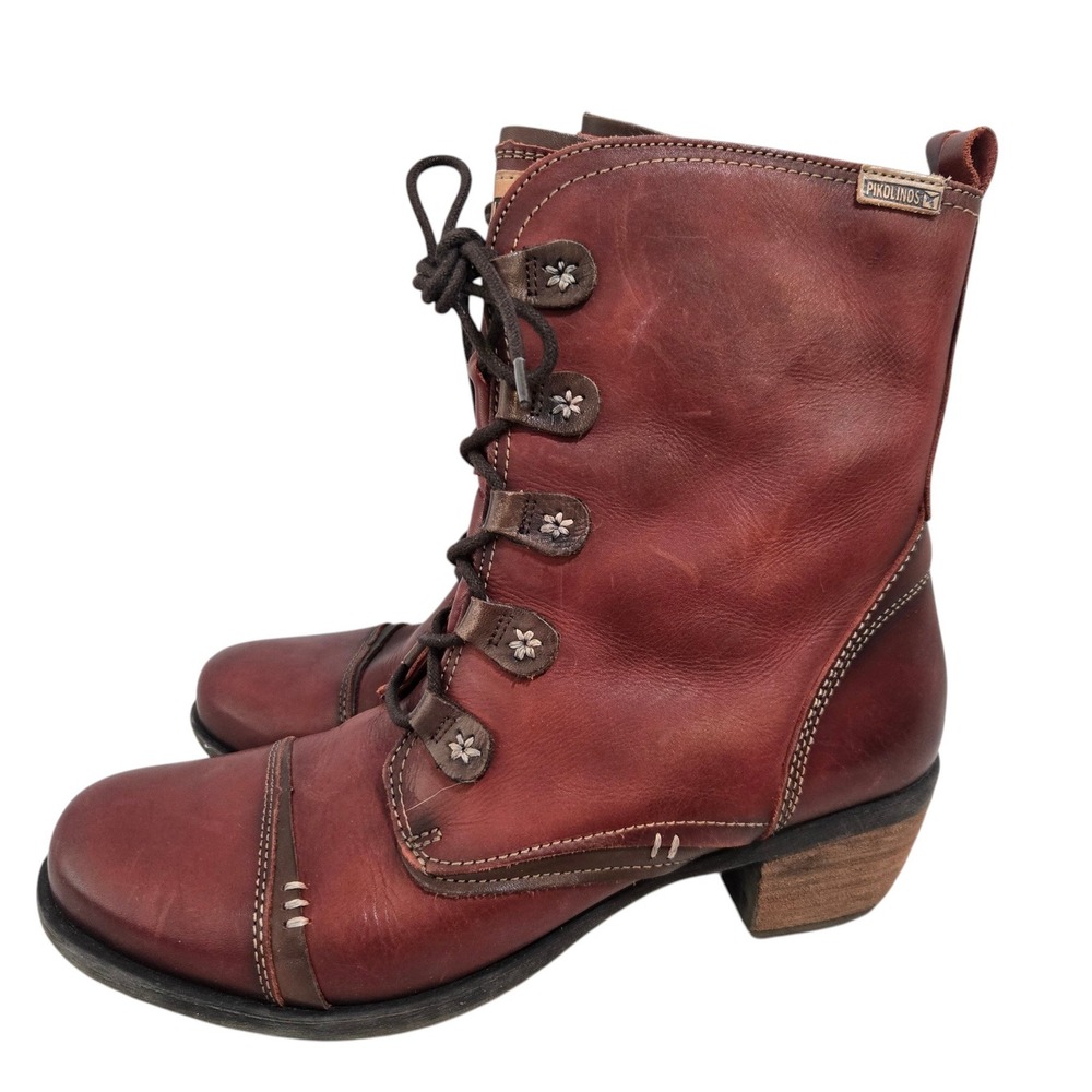Pikolinos OLMO Lace Up Boots 10-10.5 / 41 Burgundy Leather Floral Detail Cap Toe